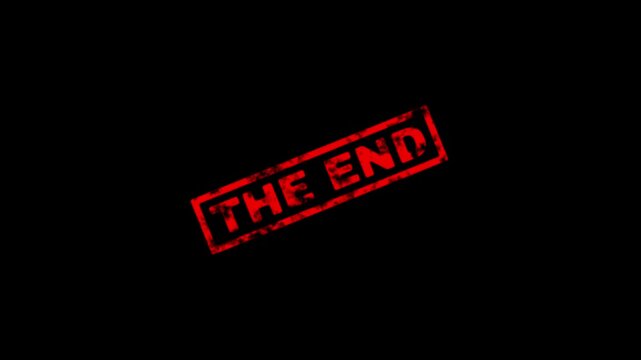 The end stamp text in red grunge style on a black background, cinematic closing title card design