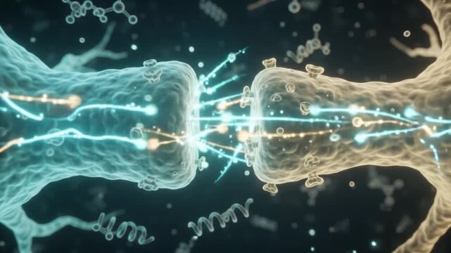 Detailed close-up view of a neuron synapse transmitting signals