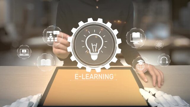 A business professional engages with digital e-learning icons on a tablet, showcasing the integration of technology and education in a modern workspace. Salient