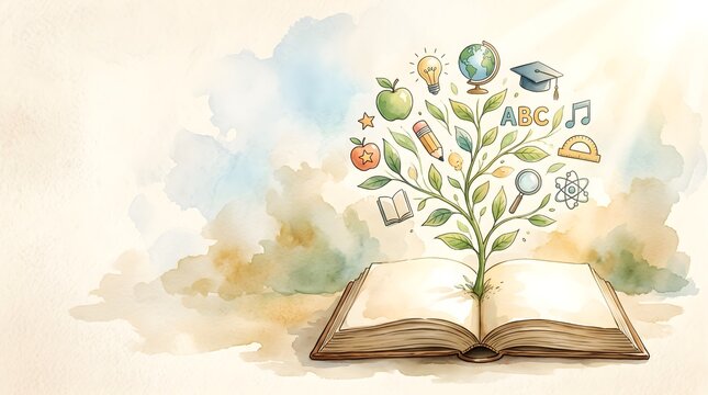 Open Book and Knowledge Tree Watercolor Education Illustration