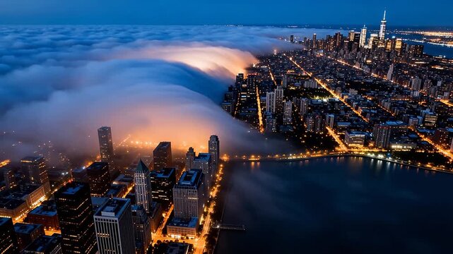 City skyline at night with dramatic rolling clouds