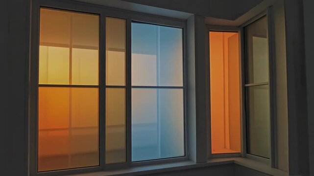 Abstract Geometric Window with Colorful Translucent Panels - Orange, Blue, Yellow Light