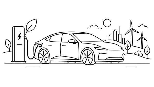 Modern EV Line Icon &ndash; Thin Black Stroke Design Representing Electric Mobility and Sustainable Transportation