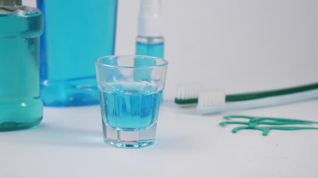 Daily oral care routine with mouthwash and dental supplies