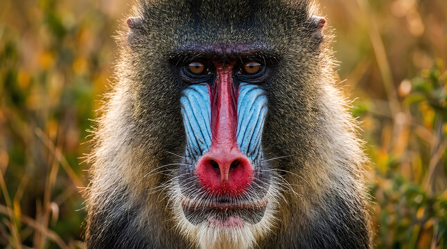 close-up of a mandrill showcasing vibrant facial colors and expressive eyes in a natural setting