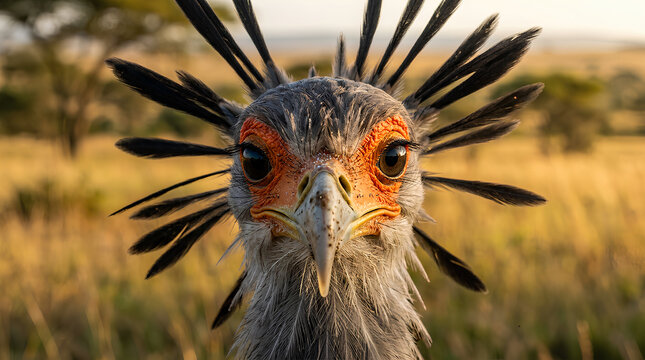 Close-up of a striking secretary bird with elongated tail feathers and vibrant facial features in its natural savannah habitat