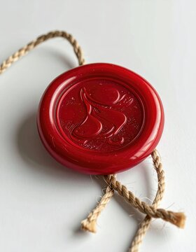 Red wax seal with a distinct abstract design, tied with rope