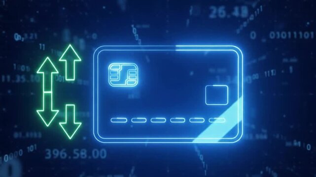 Glowing blue neon outline of a credit card on dark digital background
