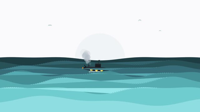 Minimalist vector illustration of a vintage steam ship navigating rough turquoise ocean waves