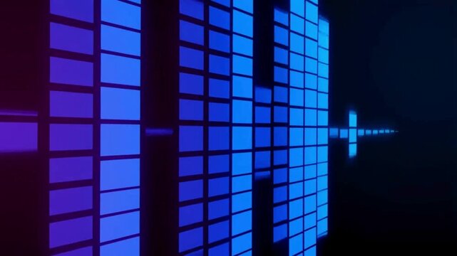 A series of glowing blue-purple boxes forms a wavy equalizer pattern against a dark background.