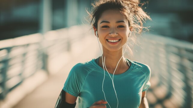 Asian woman running on a bridge, listening to music with earphones and smiling
