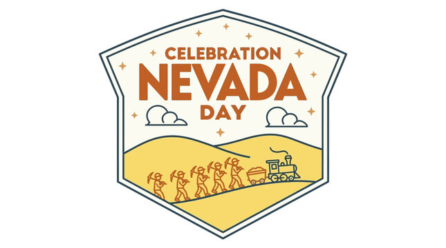 Nevada day celebration badge with miners and vintage steam train