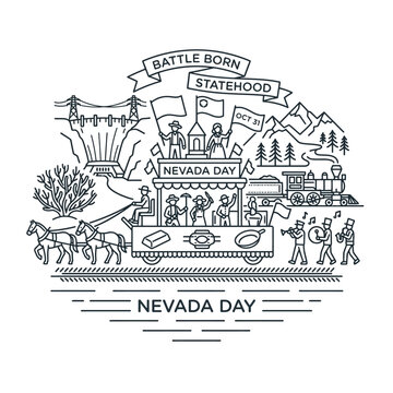 Nevada day celebration with parade and historical landmarks line art
