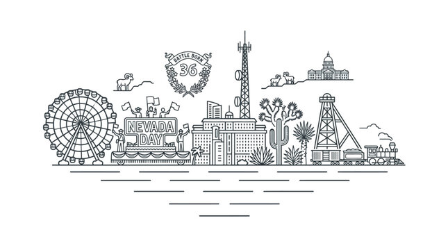 Nevada day celebration with state landmarks and parade line art