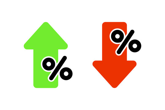 Upward and downward arrows with percentage symbol. Business, market, economy, finance, evaluation concepts. Flat vector design isolated illustration.
