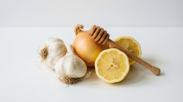 Natural remedies onion, garlic, lemon, and honey dipper on white background isolated on white background