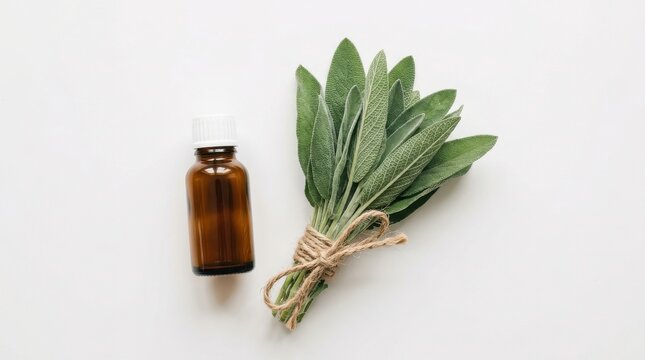 Fresh sage leaves tied with twine and amber glass bottle isolated on white background