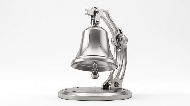 Silver metal bell on mechanical stand, modern chrome desk bell, metallic tabletop ringer for service and notifications on white background
