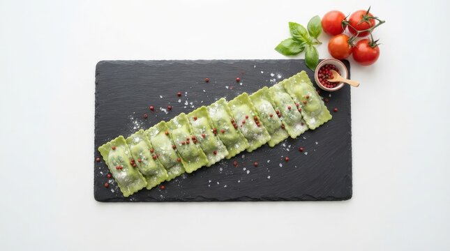 Fresh green ravioli arranged in a row on a black slate board with cherry tomatoes, basil, and pink peppercorns, isolated on white background