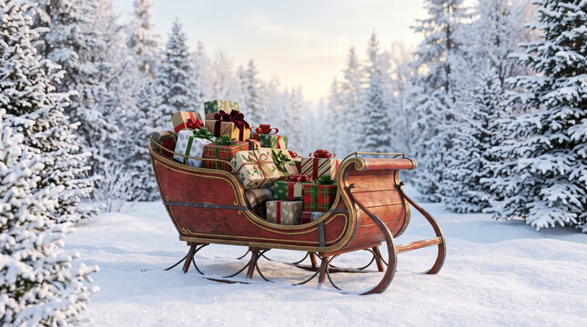 Rustic wooden sleigh filled with colorful wrapped gift boxes sits in snowy forest glade perfect for festive holiday marketing.
