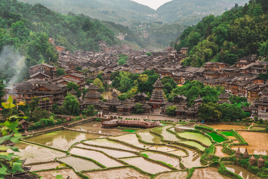Miao village of wooden houses among rice terraces seen from above, near Xijiang, Guizhou, China