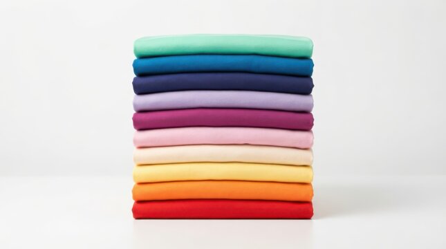 A neat stack of colorful folded tshirts in a rainbow gradient isolated on white background
