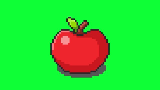 Pixel Art Little Worm in the Red Apple Animation on Green Screen