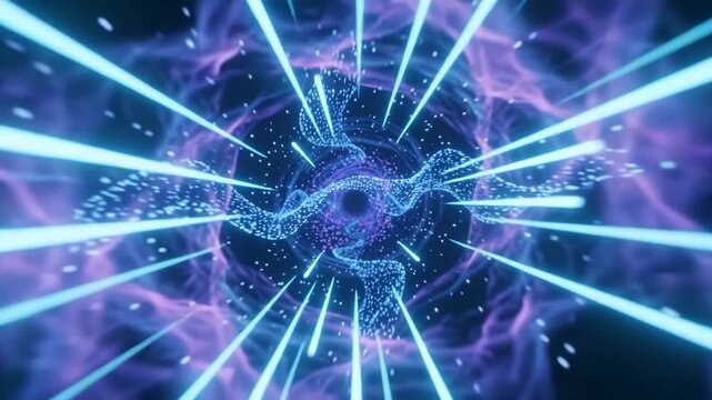 Abstract hyperspace tunnel with glowing blue and purple light particles