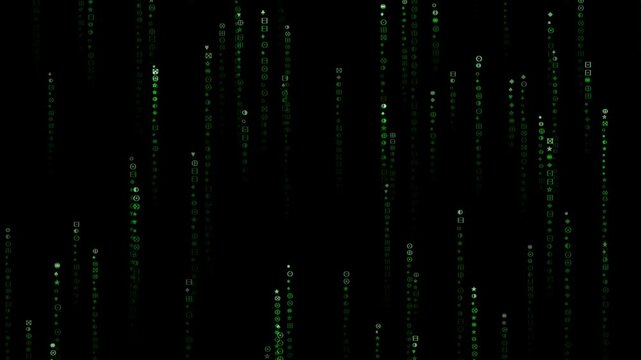 Digital matrix rain code animation background falling on black