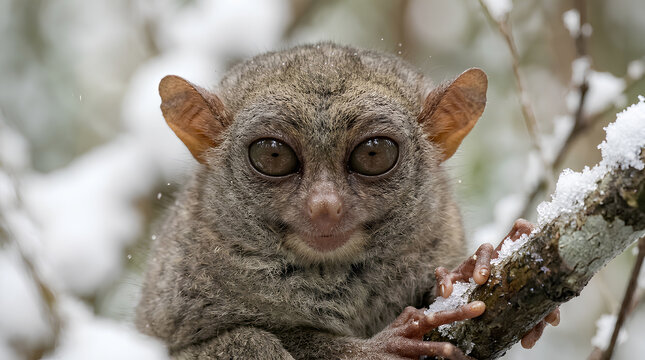 Close-up of a unique primate species with large dark eyes perched on a snow-covered tree branch in a cold climate natural habitat