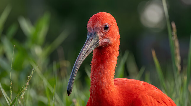 Close-up of a vibrant scarlet ibis bird with long curved beak among lush green foliage highlighting its striking plumage and