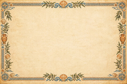 Antique parchment paper background, with a classical, greek border frame, featuring seashells, olive, branches, and amphorae