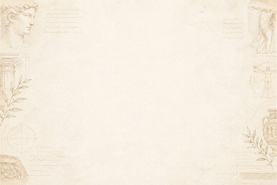 Antique parchment paper background, with faded classical, greek of statues, columns and geometric, diagrams in the border