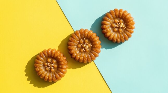Three traditional korean honey cookies called yakgwa arranged diagonally on a split yellow and light blue background