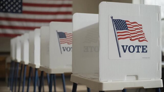 Empty voting booths with American flag signs at a polling place