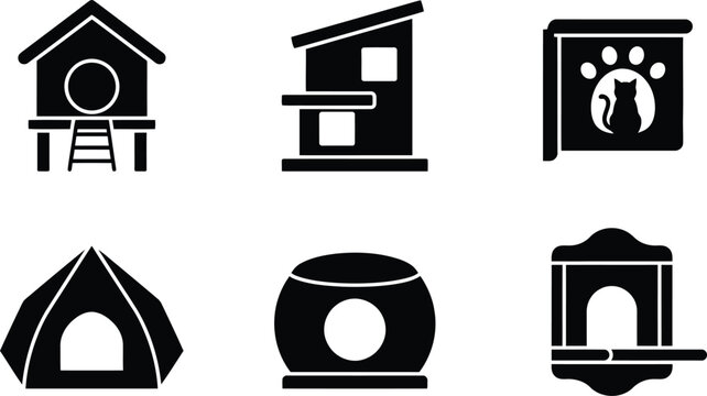 Set of pet house icons, including cat tree, tent, and animal shelter silhouettes