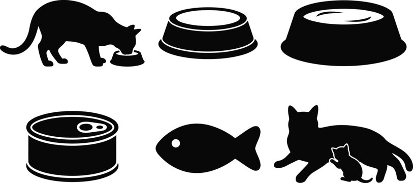 Set of cat icons including feeding cat, bowls, food can, fish, and mother cat with kitten