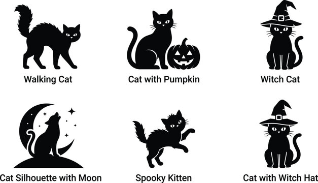 Set of black cat silhouettes for halloween, including witch cats, spooky kittens, and cat with pumpkin and moon