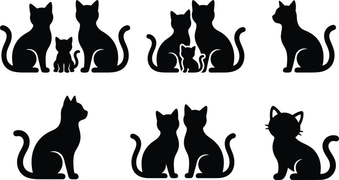 Set of black cat silhouettes in various poses including sitting cats and cat families