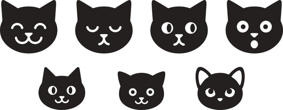 Set of cute black cat head icons with different expressions and emotions