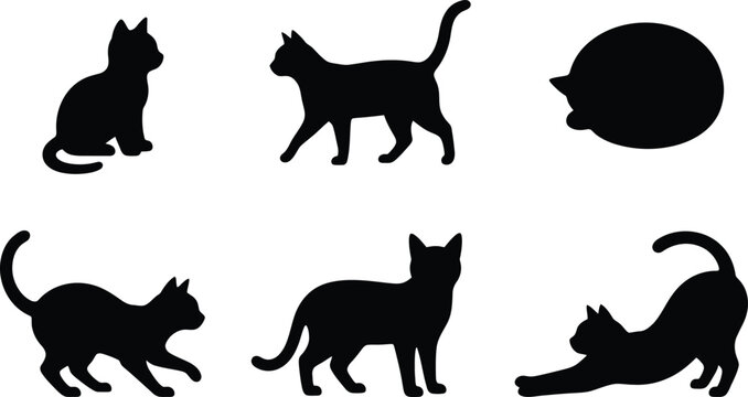 Set of black cat silhouettes in various poses