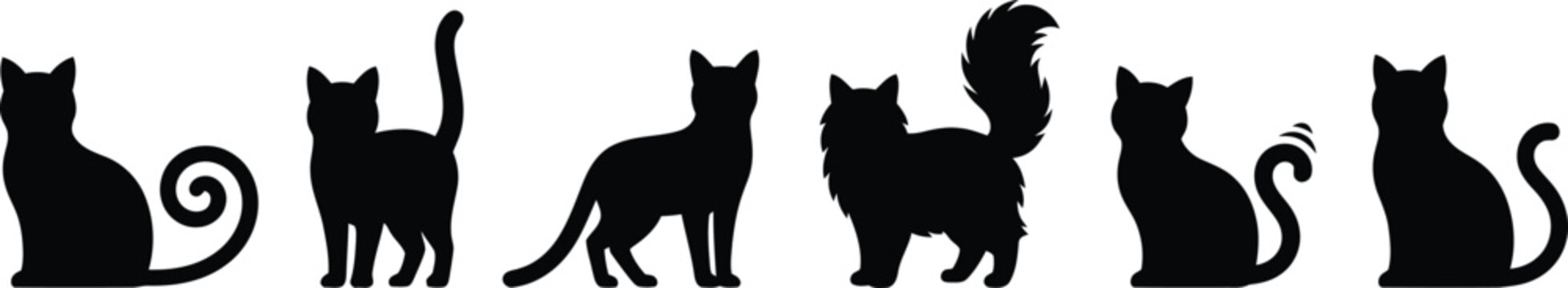Set of black cat silhouettes in various poses