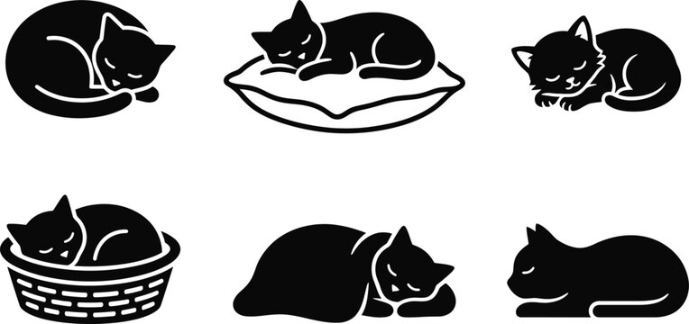 Set of black cat silhouettes sleeping in various poses