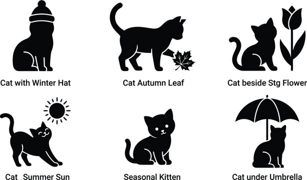 Set of cat silhouettes with different seasonal themes, icons, vector illustration