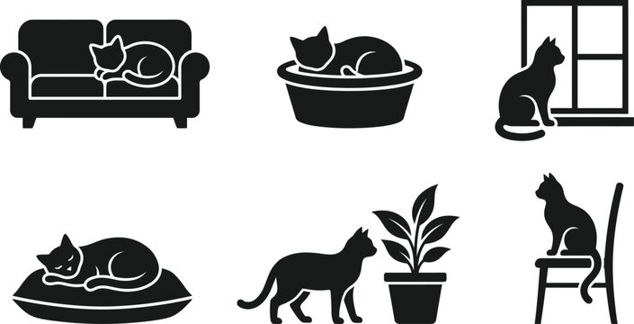 Set of cat icons in various poses and activities, flat vector illustrations
