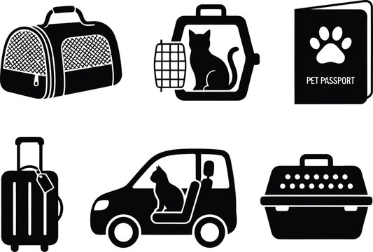 Set of icons related to pet travel, including carriers, pet passport, and cat in a car