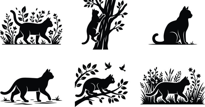 Set of silhouettes of cats in various poses, walking, sitting, and climbing trees, vector illustration
