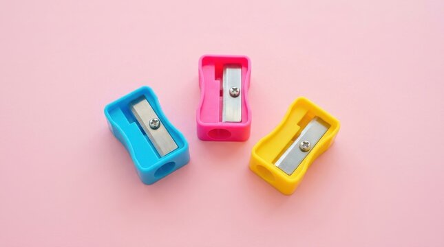 Three colorful pencil sharpeners on a pink background