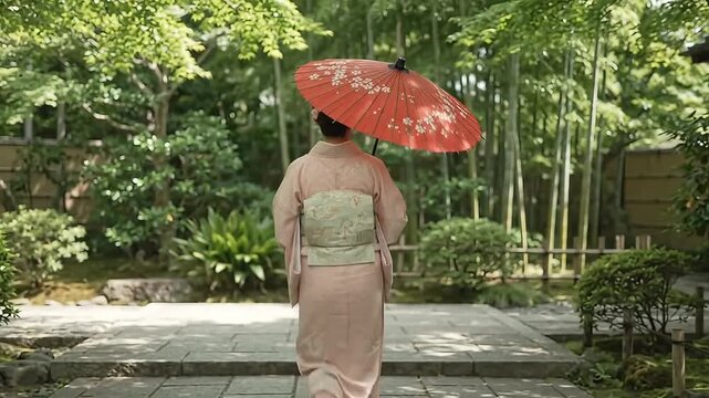 Woman in pink kimono walking with red parasol in Japanese garden