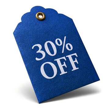 Blue 30 percent off sale tag isolated on white background
